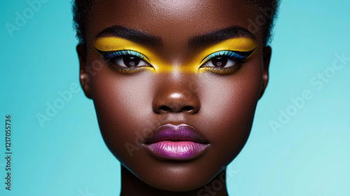 Bold beauty portrait featuring striking colorful makeup on dark skin tone