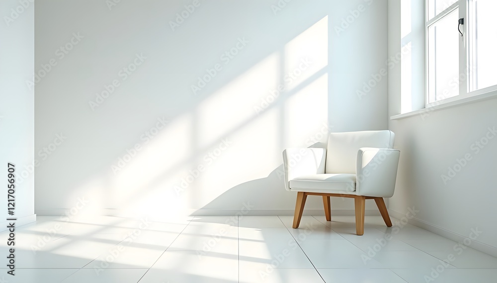 Fototapeta premium Serene White Armchair in Sunlit Minimalist Room