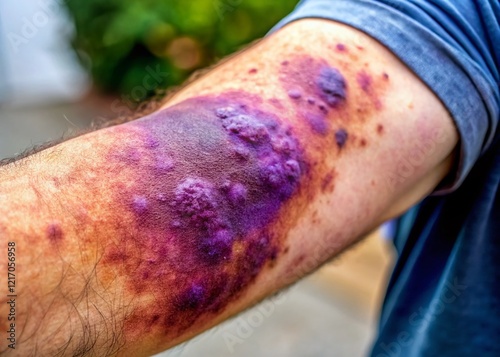 Purpura Skin Condition: Close-up Medical Image Showing Purple Discoloration on the Arm photo