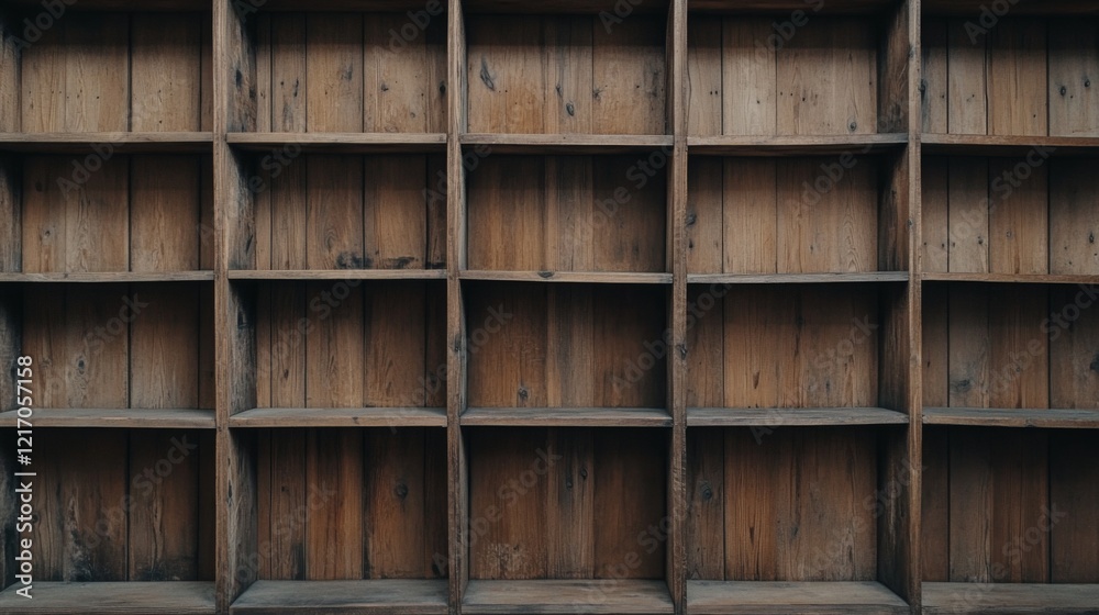 Empty wooden shelves against a rustic wall, showcasing their natural texture and grain Empty wooden shelves against a rustic wall, showcasing their natural texture and grain