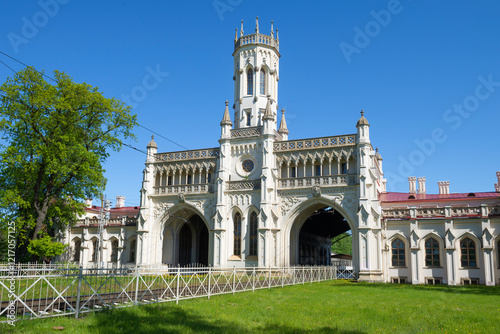 The ancient building of the railway station Novy Peterhof (1855-1857, N.L. Benua) on a sunny May day. Petrodvorets, Russia