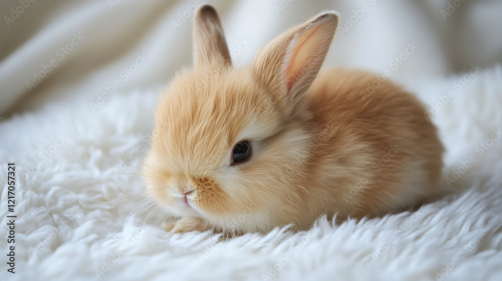 Cute fluffy bunny resting on soft white blanket in cozy setting Cute fluffy bunny resting on soft white blanket in cozy setting