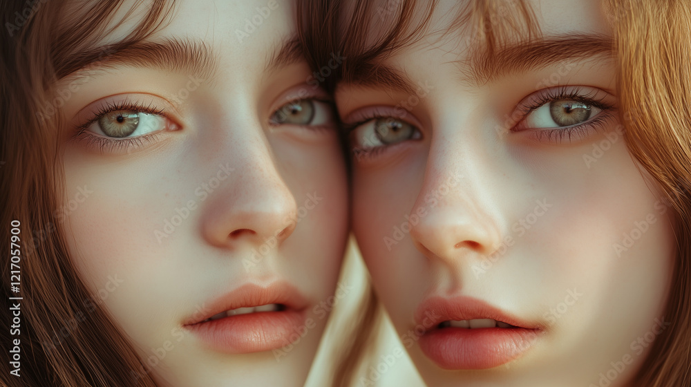 A striking and emotional portrait of twins standing closely together, their identical features subtly contrasted by unique expressions or details. The soft, natural lighting enhances their connection A striking and emotional portrait of twins standing closely together, their identical features subtly contrasted by unique expressions or details. The soft, natural lighting enhances their connection