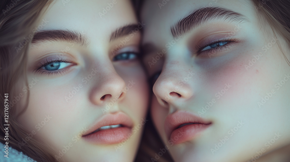 A striking and emotional portrait of twins standing closely together, their identical features subtly contrasted by unique expressions or details. The soft, natural lighting enhances their connection A striking and emotional portrait of twins standing closely together, their identical features subtly contrasted by unique expressions or details. The soft, natural lighting enhances their connection