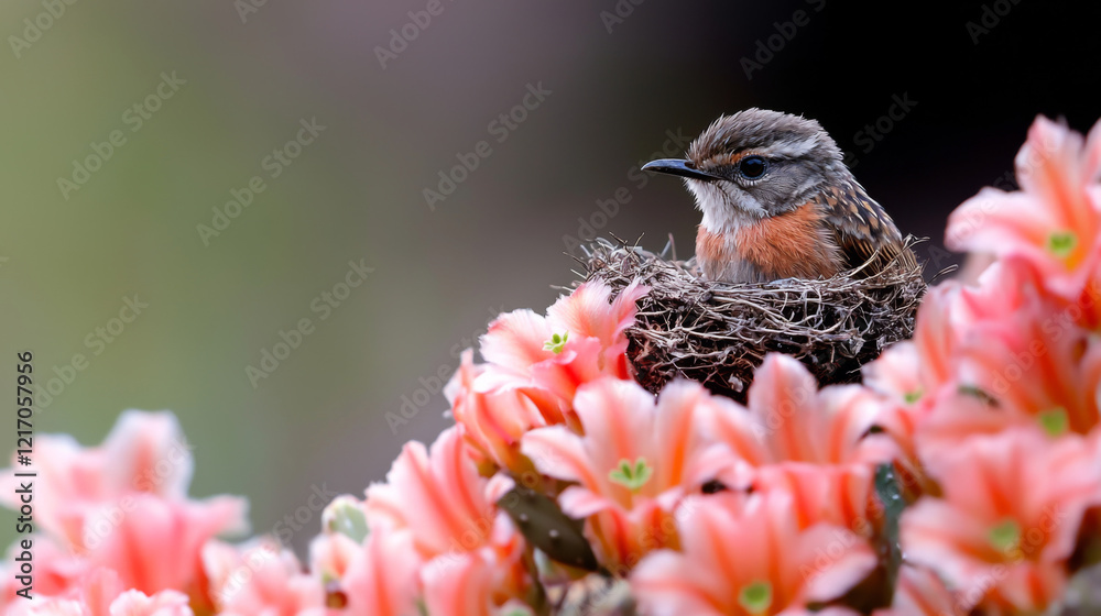 Fototapeta premium Bird sits in a nest surrounded by vibrant pink flowers in spring setting