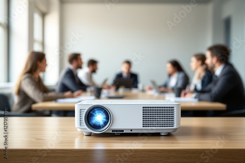 Close-up of projector on table in meeting room, business team in background.