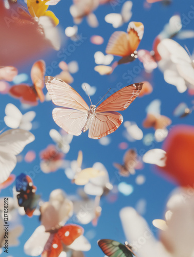 Butterflies in Flight: A vibrant flurry of butterflies dances in the sky, a kaleidoscope of colors against the bright blue canvas. Each wingstroke whispers tales of transformation and freedom. photo