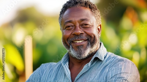 A bearded man with a warm smile stands proudly in a green field, symbolizing confidence and joy, capturing the essence of rural life amidst lush vegetation and natural beauty.