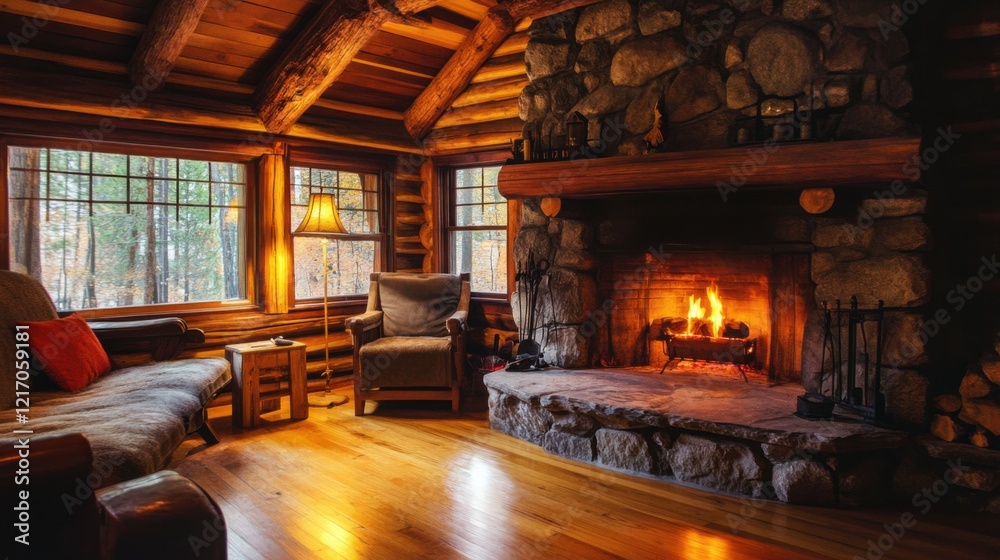 Charming rustic cabin with stone fireplace and wooden beams. Emphasizing comfort and rustic elegance, ideal for cabin and rustic imagery with a focus on cozy and charming environments. Charming rustic cabin with stone fireplace and wooden beams. Emphasizing comfort and rustic elegance, ideal for cabin and rustic imagery with a focus on cozy and charming environments.