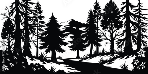 Black and white silhouette of forest and mountains