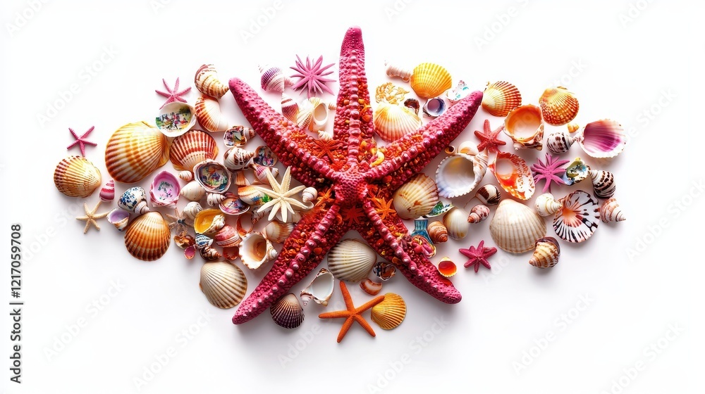 A vibrant assortment of seashells and starfish, showcasing a variety of colors and shapes, ideal for beach-themed decor or marine life appreciation.