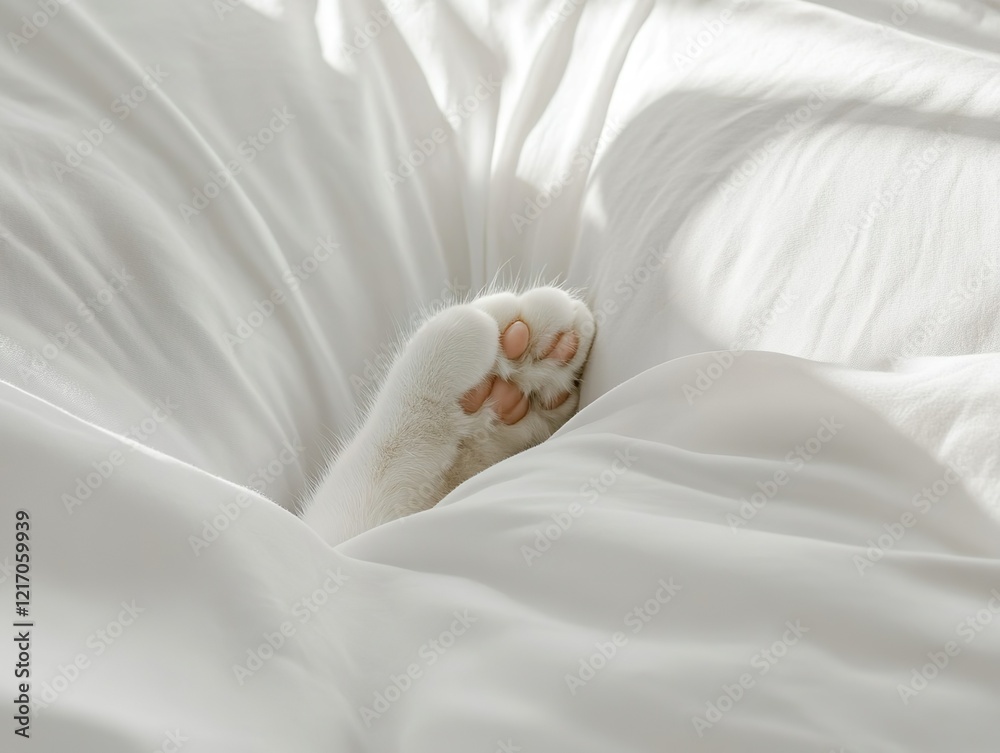 The white paw of a cat peeks out from beneath a white duvet, creating a playful and endearing scene. The white paw of a cat peeks out from beneath a white duvet, creating a playful and endearing scene.