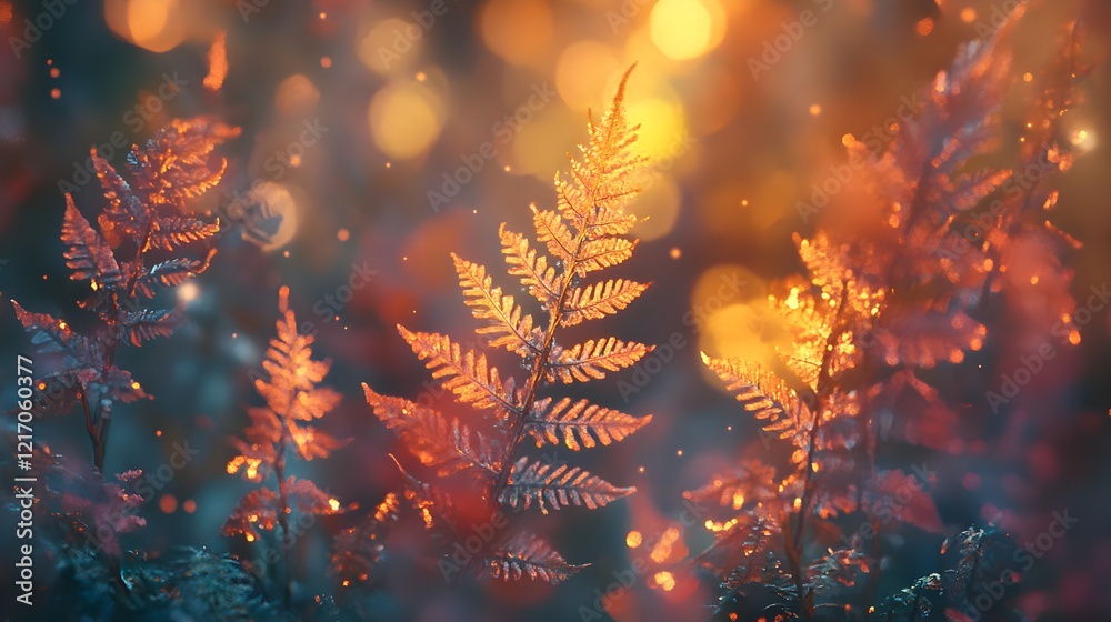Fototapeta premium Warm Sunset Gradient with Detailed Ferns in Photorealistic Style