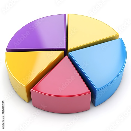 A colorful pie chart with five different colored segments: purple, yellow, pink, blue, and a portion of a green segment.