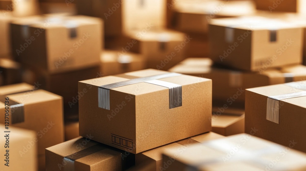 Fototapeta premium Stacked Cardboard Boxes in Warehouse or Storage Facility