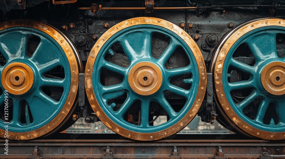 Fototapeta premium Teal and Gold Locomotive Wheels Close Up View