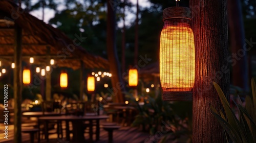 Illuminated Bamboo Lantern Hanging Outdoors At Night
