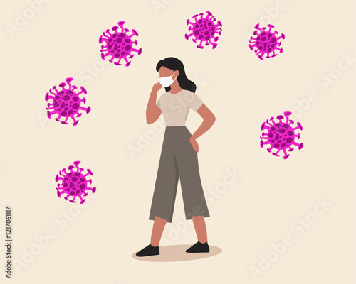 Illustration of a woman wearing a mask surrounded by virus particles. Highlights personal protection, hygiene, and the importance of masks during pandemics or viral outbreaks