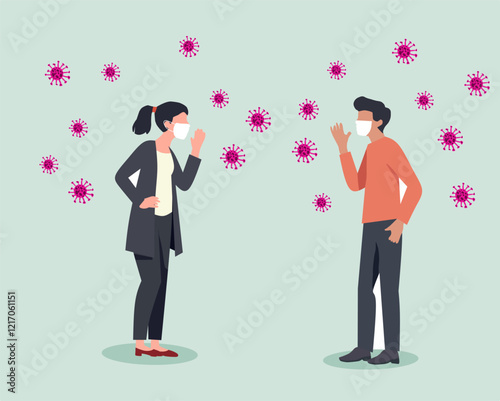 Illustration of two individuals, one wearing a mask, surrounded by virus particles. Represents social distancing, health awareness, and pandemic prevention measures