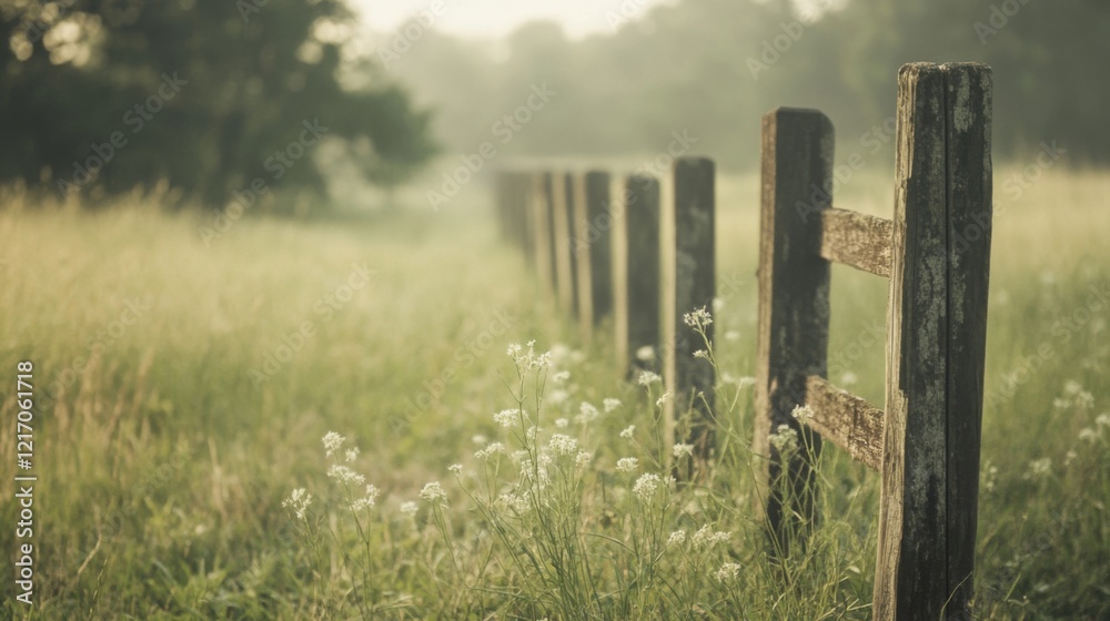 Obraz premium Serene countryside scene featuring a rustic wooden fence along a grassy field at dawn