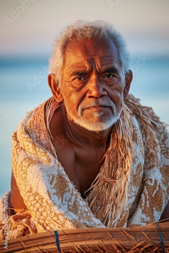 Respectful Tuvaluan elder sitting on traditional pandanus mat, serene Pacific islander portrait with minimal ocean background, cultural heritage photo