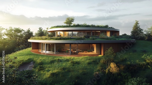 A circular house design with a rooftop garden and panoramic glass walls