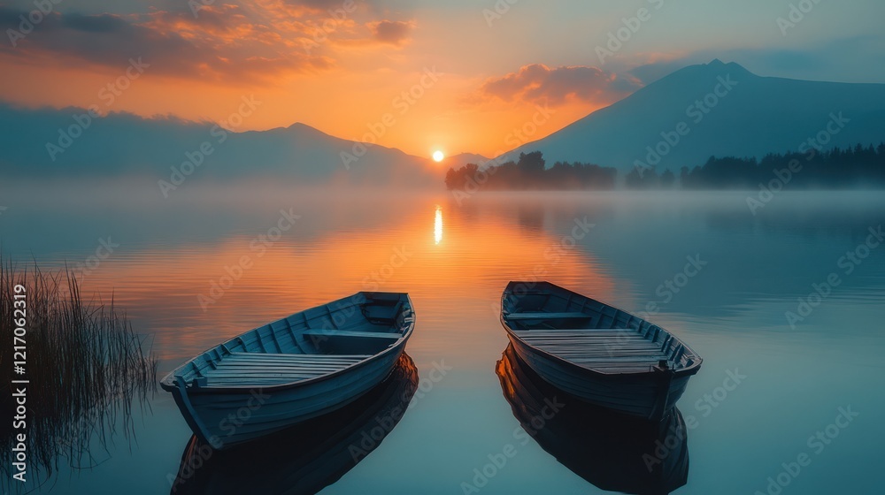 Naklejka premium Sunrise lake boats misty mountains serenity