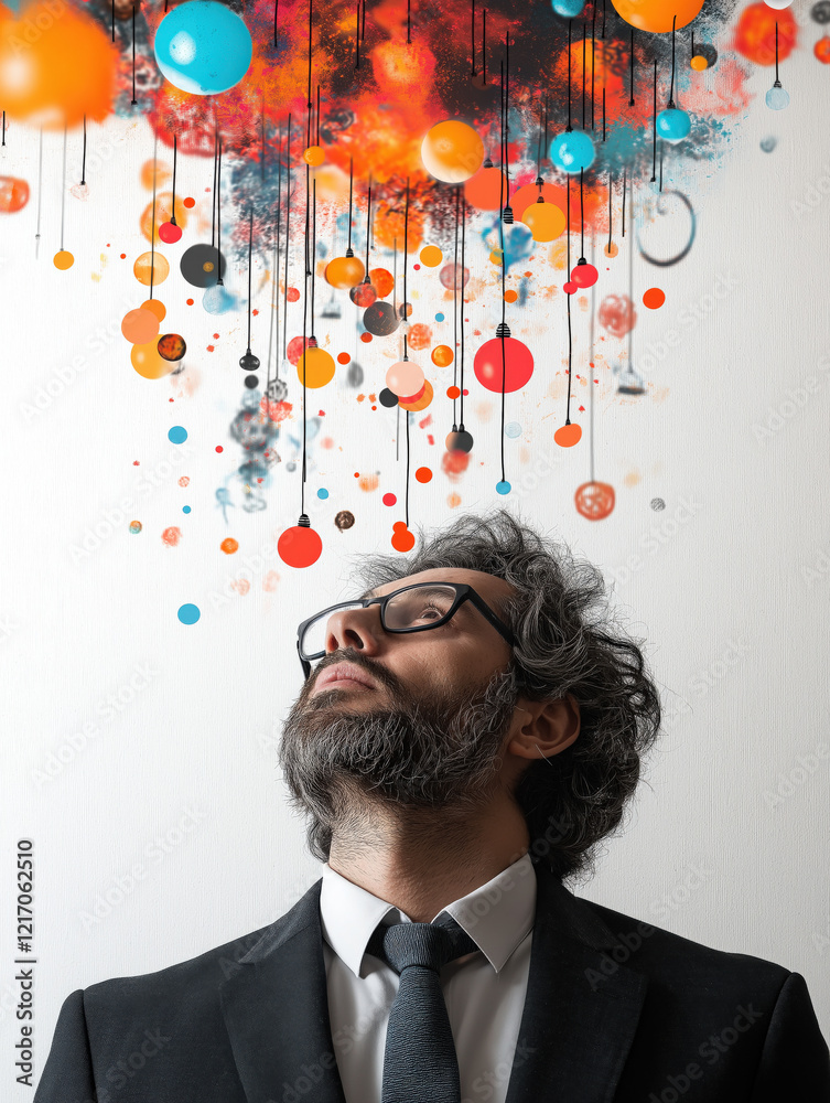 A sharp-dressed professional gazes upward in an office adorned with colorful, abstract art. The artwork symbolizes creativity and innovative ideas, sparking inspiration A sharp-dressed professional gazes upward in an office adorned with colorful, abstract art. The artwork symbolizes creativity and innovative ideas, sparking inspiration