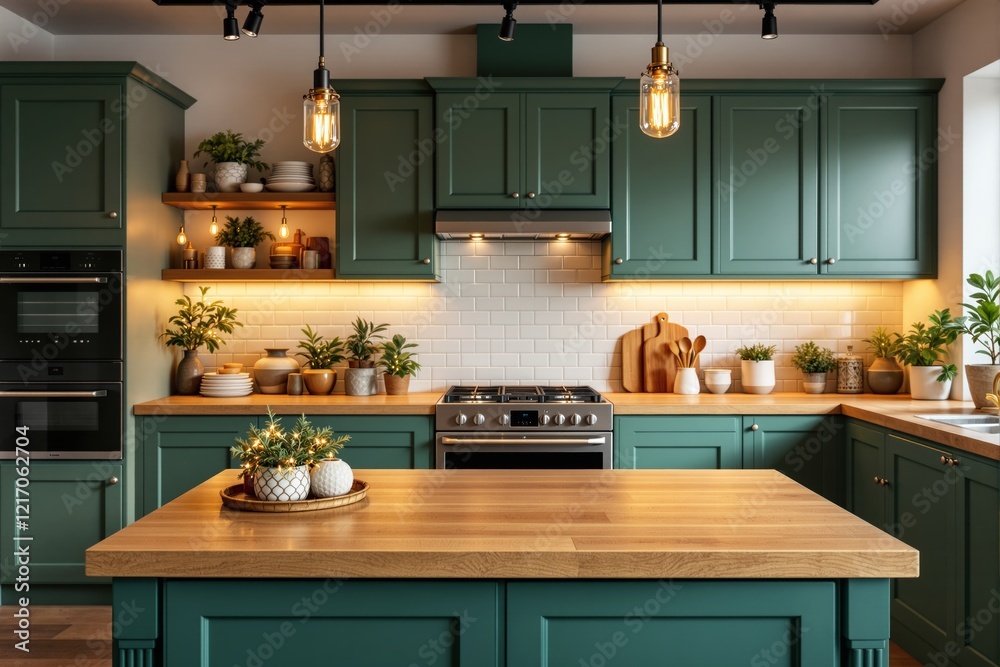Modern kitchen interior with green cabinets and wooden countertops. Modern kitchen interior with green cabinets and wooden countertops.