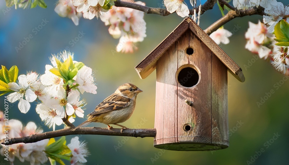 Naklejka premium 咲き誇る木に吊るされた素朴な鳥の巣箱