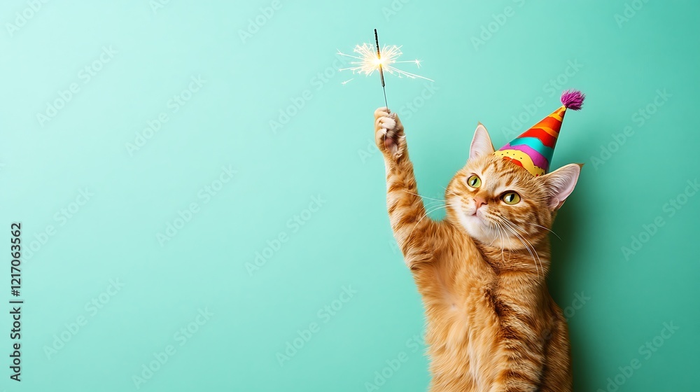 Fototapeta Festive ginger cat holding a sparkler.