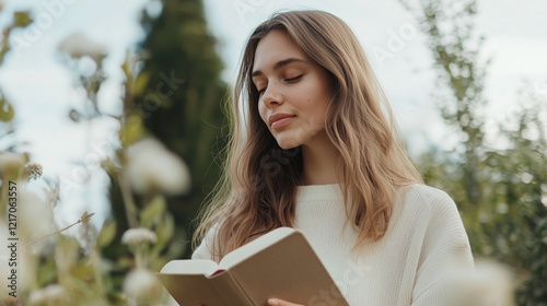 Young Woman Reflecting with Bible in Peaceful Garden photo