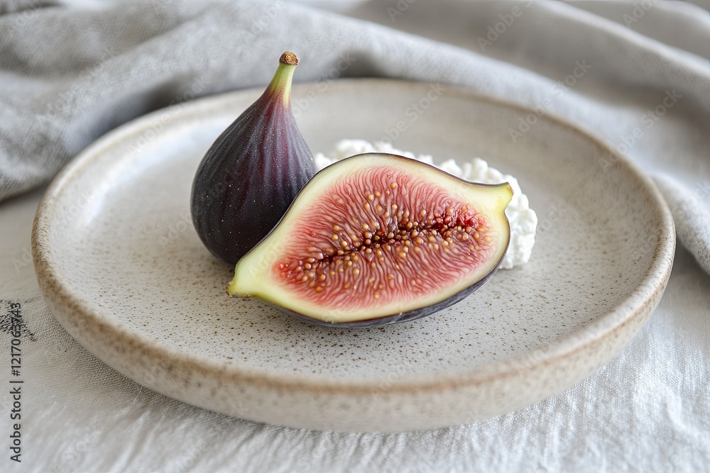 A single fresh fig placed on a slice of creamy goat cheese on a neutral ceramic plate. picture A single fresh fig placed on a slice of creamy goat cheese on a neutral ceramic plate. picture
