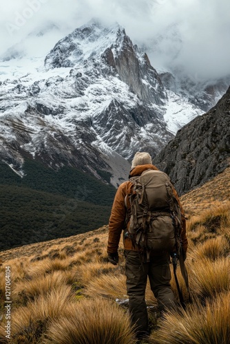 Chilean huemul tracker in action, traditional ecological gear, Patagonian mountain landscape, wildlife conservation efforts photo