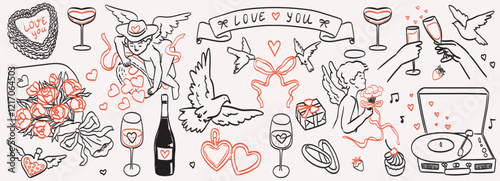 Valentine day print set. Romantic holiday sticker collection with cute baby angel or cherub, hearts, flowers, love locket, potion, cartoon cupid bow. Valentine or wedding tattoos, invitations, placard