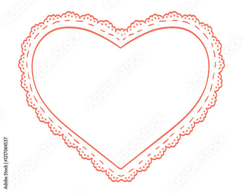 Vector illustration of girly red heart frame, frills, lace, ribbons. Hand Drawn coquette border for wedding invitation. Whimsical frame for birthday card and holiday graphic decoration.