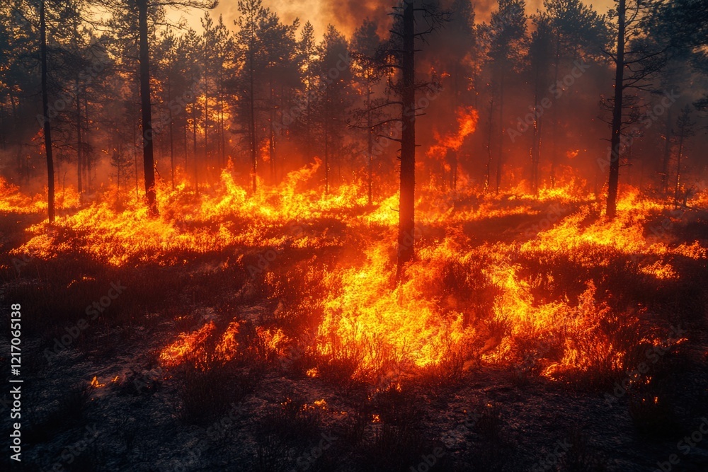 A blazing forest fire rages through the trees, smoke and flames consuming everything in its path A blazing forest fire rages through the trees, smoke and flames consuming everything in its path