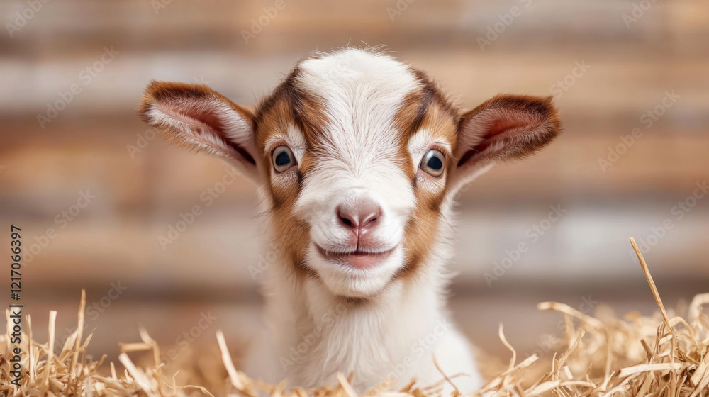 Goat kid looking curiously from a bed of straw in a cozy barn setting Goat kid looking curiously from a bed of straw in a cozy barn setting