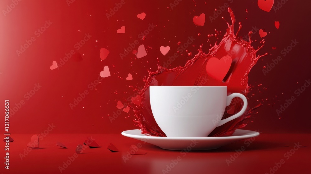 Fototapeta premium Heartfelt Brew: A Playful Visual of a Porcelain Mug Overflowing with Heart-Shaped Confetti, Set Against a Vibrant Red Backdrop, Representing the Joyful and Heartwarming Experience of Sharing a Cup of 