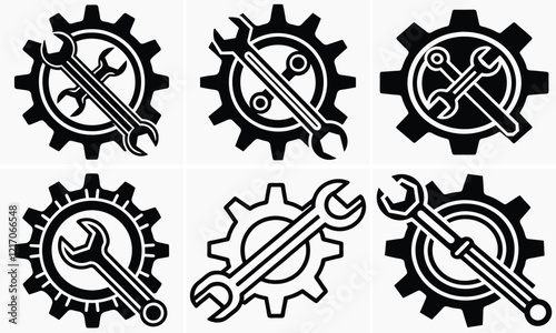 Black and White Gear and Wrench Icons for Tools and Maintenance,Gear and Wrench Icons Set