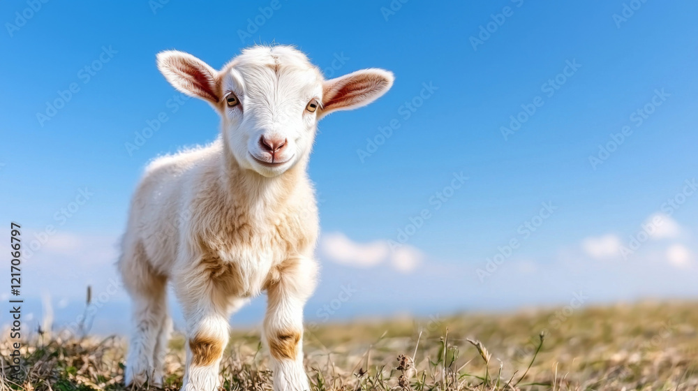 Obraz premium Young goat stands happily in a grassy field under a clear blue sky