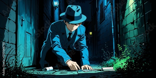 Anime detective solving a mystery in a dark alley background illustration cartoon design manga