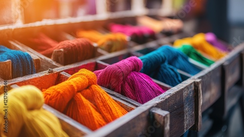 Assortment of Colorful Knitting Yarn Spools and Threads on Wooden Surface