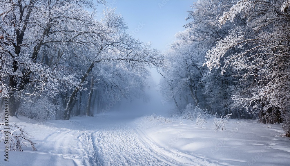 Fototapeta premium 雪に覆われた霜降りの森の小道