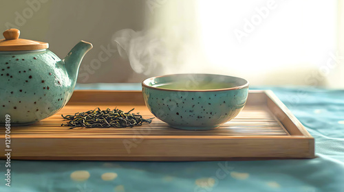 Steaming cup of green tea in a ceramic teacup, placed on a bamboo tray with a teapot and fresh tea leaves, calming tea ritual photo