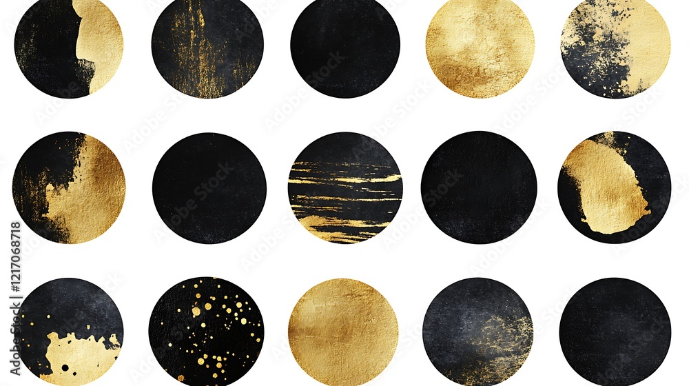 Several circular shapes with varying shades of black and gold, some with scattered gold elements within them. Several circular shapes with varying shades of black and gold, some with scattered gold elements within them.