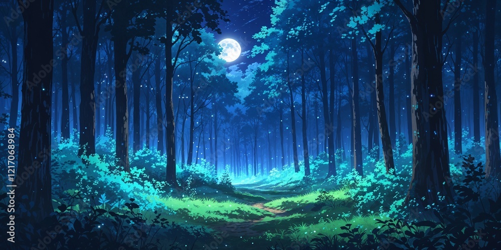Obraz premium Dense enchanted forest glowing softly under moonlight on anime background