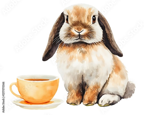 Cute watercolor bunny rabbit sitting beside a teacup. photo