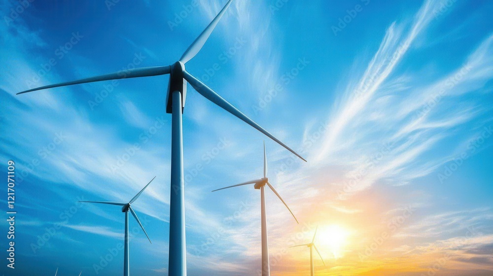 Scenic view of wind turbines in a countryside landscape at sunset or sunrise Scenic view of wind turbines in a countryside landscape at sunset or sunrise