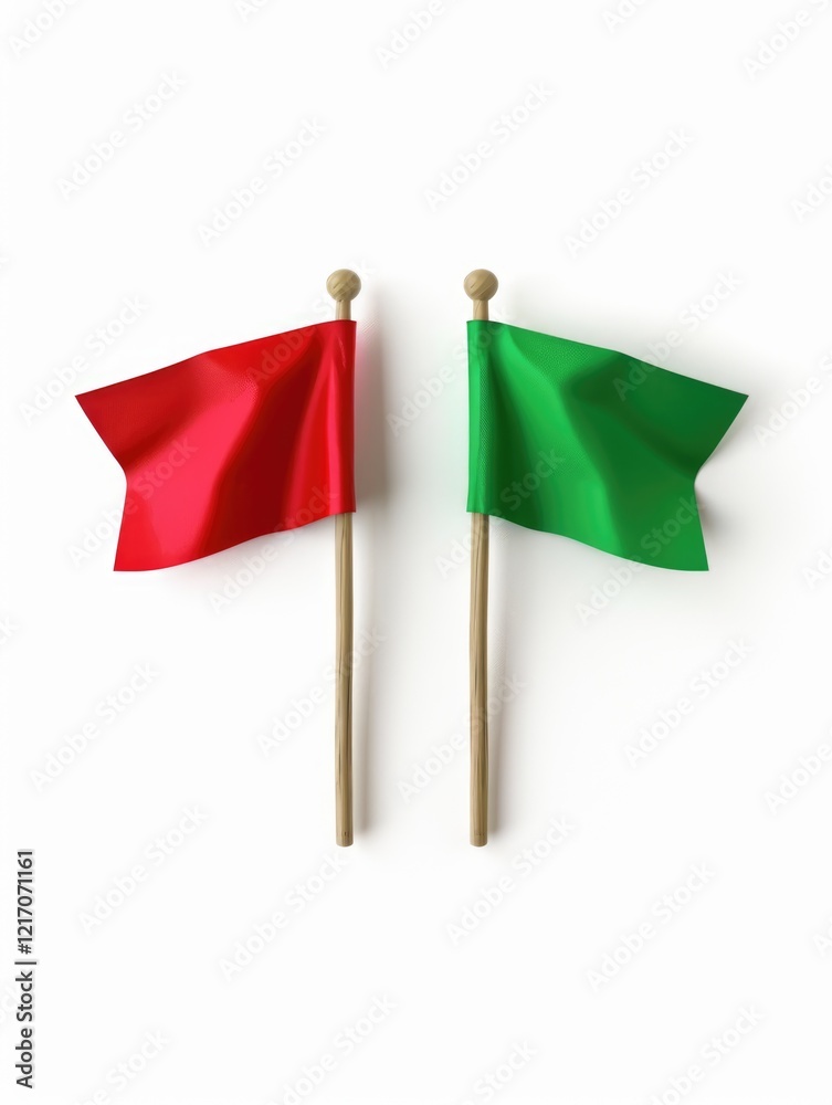 Red and green flags on poles isolated on white background, safety and warning signals Red and green flags on poles isolated on white background, safety and warning signals